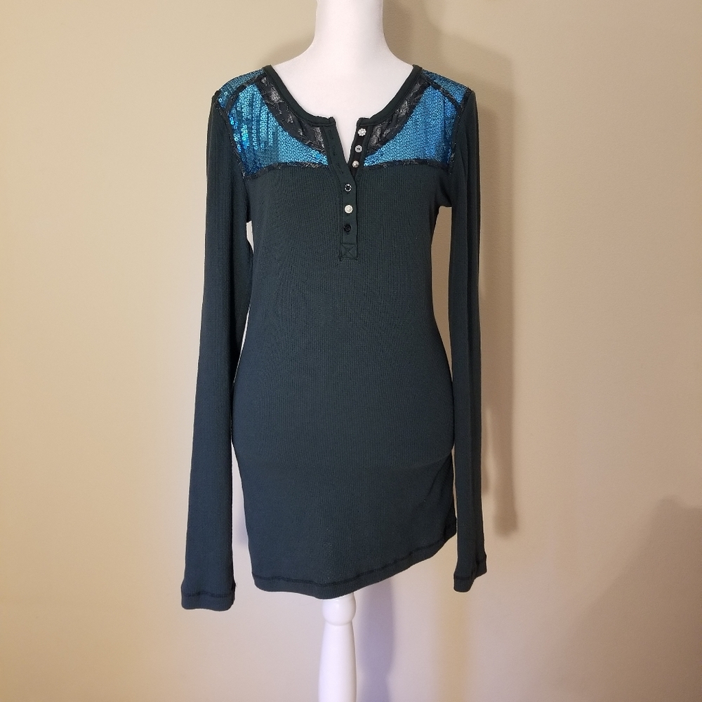 Free People Green and Blue Sequined Long Sleeve M